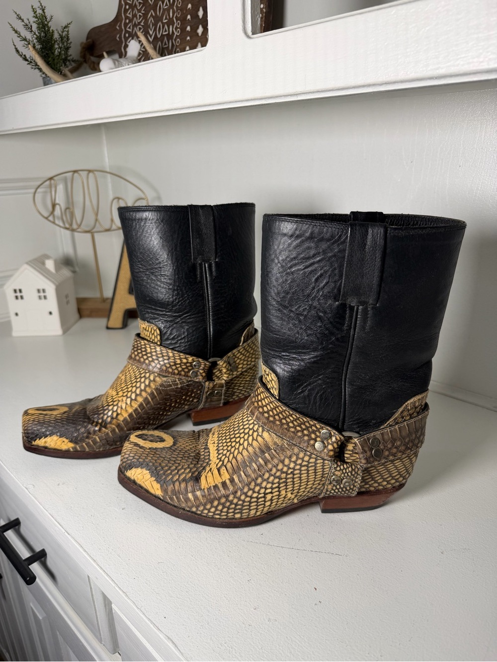 Women's Black & Yellow Snakeskin Western Booties